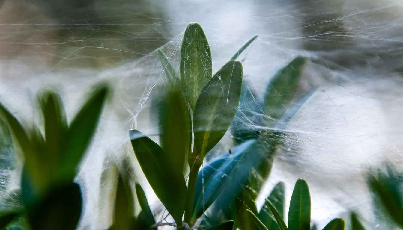 Fine webbing spun over a houseplant