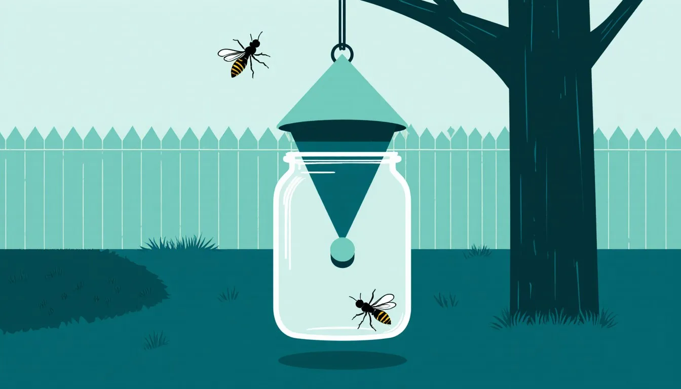 A hanging jar trap catching wasps in a garden