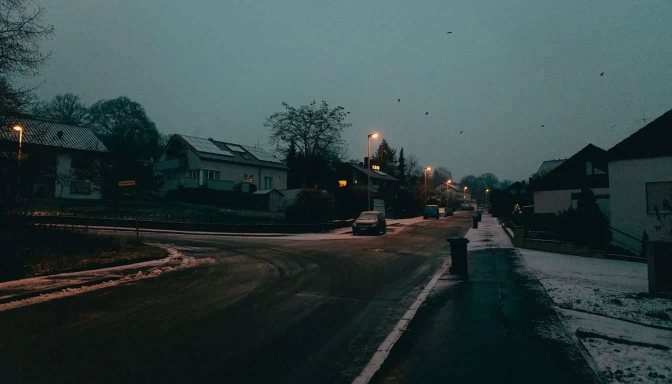 Quiet residential street at dusk