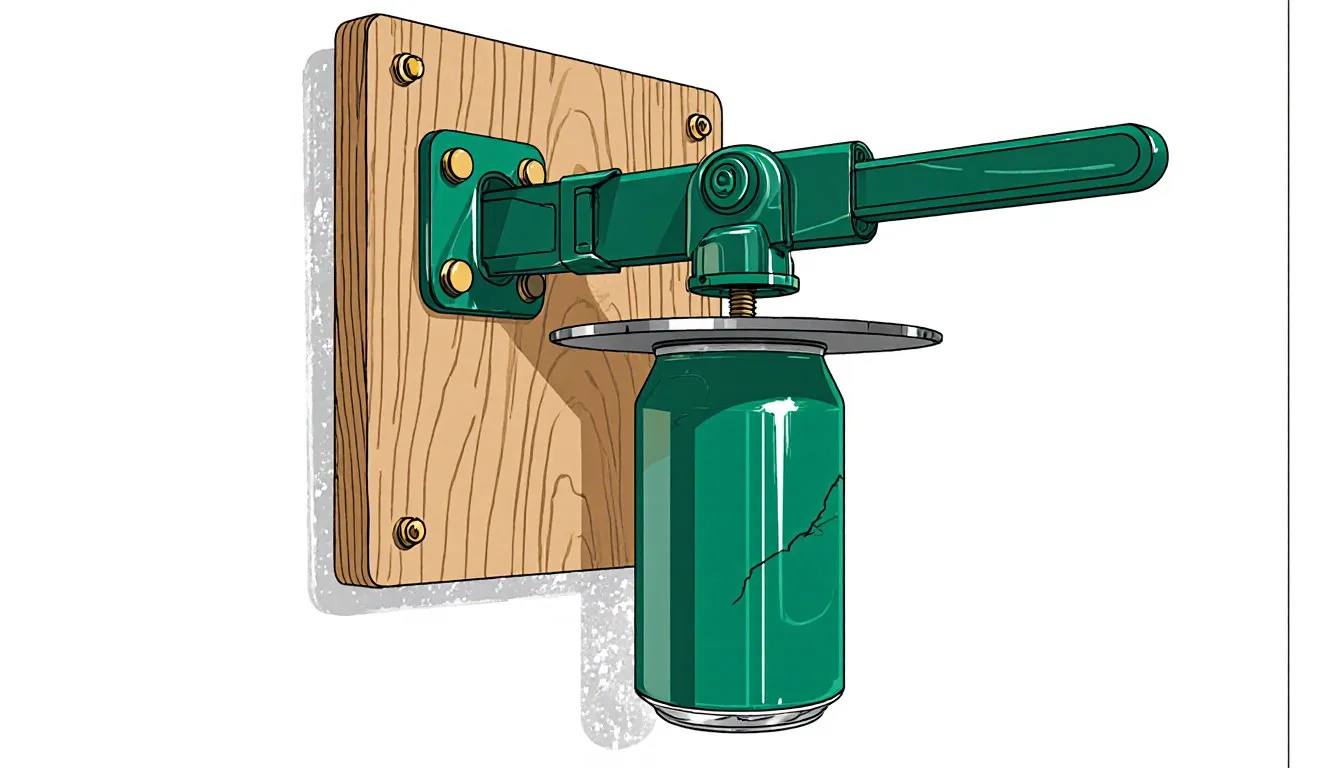 Wall-mounted lever can crusher flattening an aluminum can