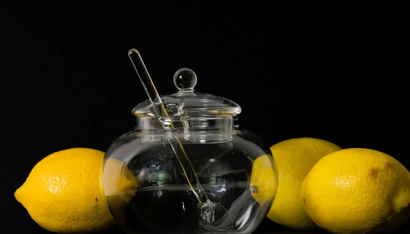 Glass jar beside fresh lemons on a dark background