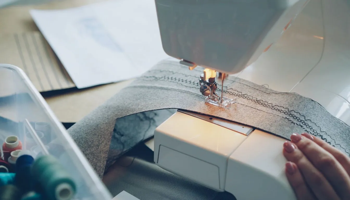 Sewing machine stitching gray upholstery fabric