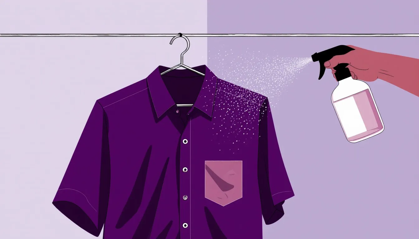 Spray bottle misting a shirt on a hanger