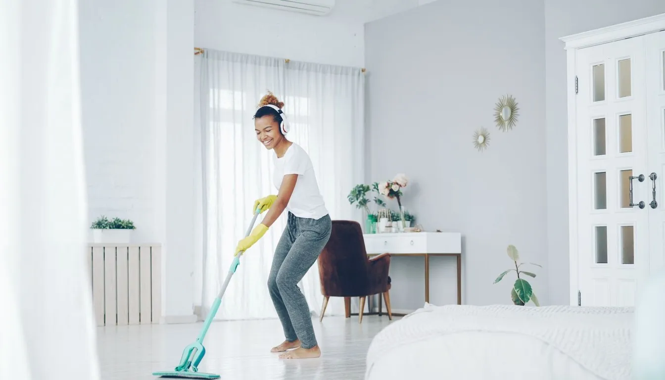 Person mopping a bright room while wearing headphones