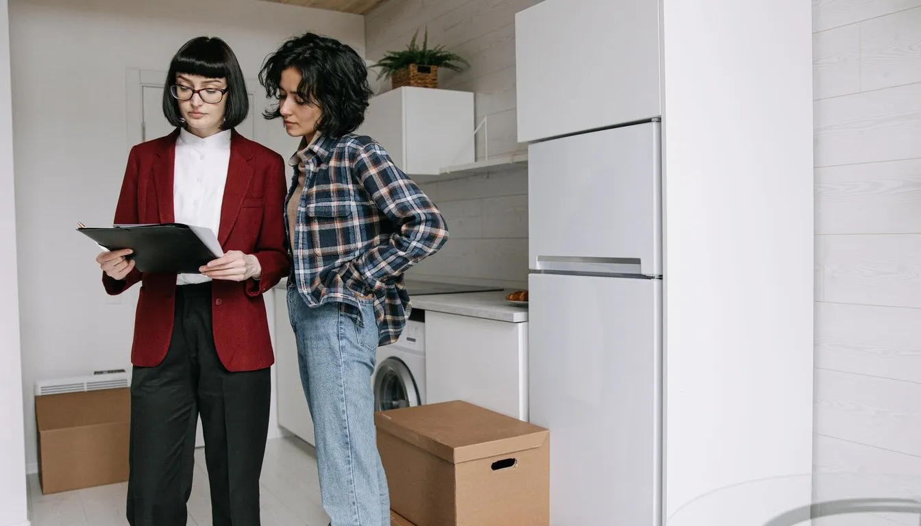 Two people with a clipboard beside a refrigerator and moving boxes