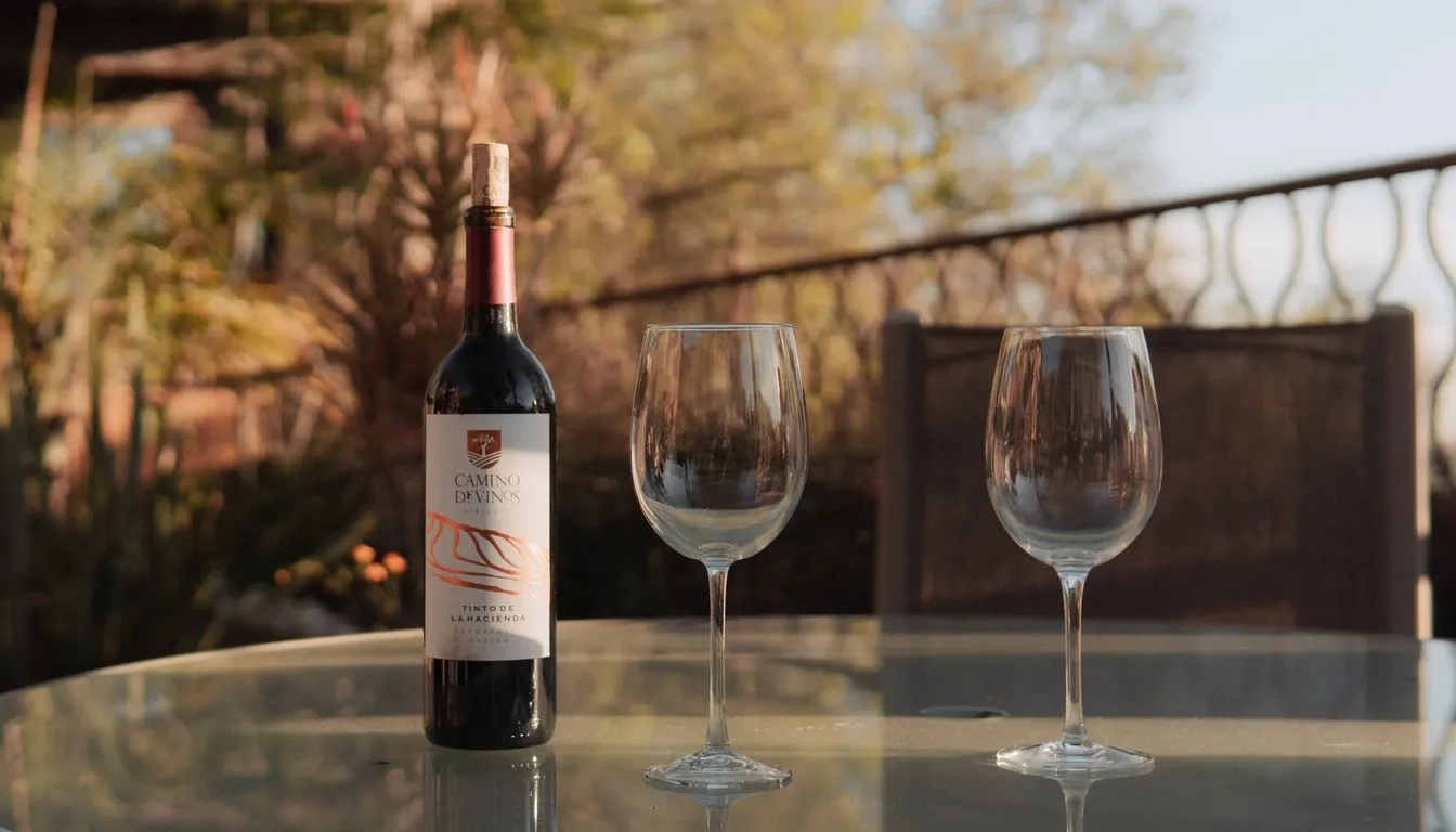Bottle of wine and two glasses on a balcony table