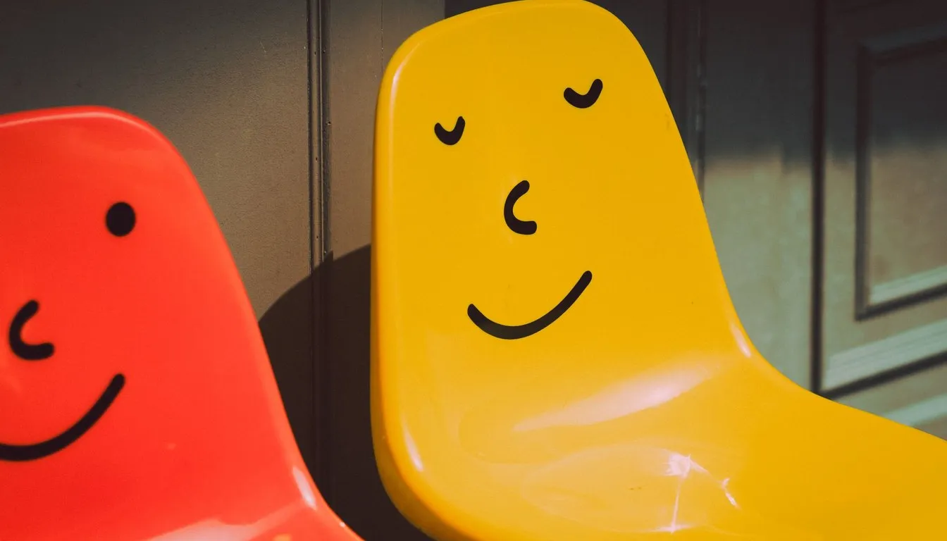 Red and yellow plastic chairs painted with faces