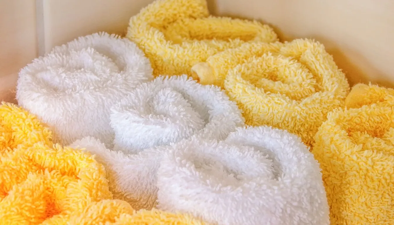 Rolled white and yellow bath towels