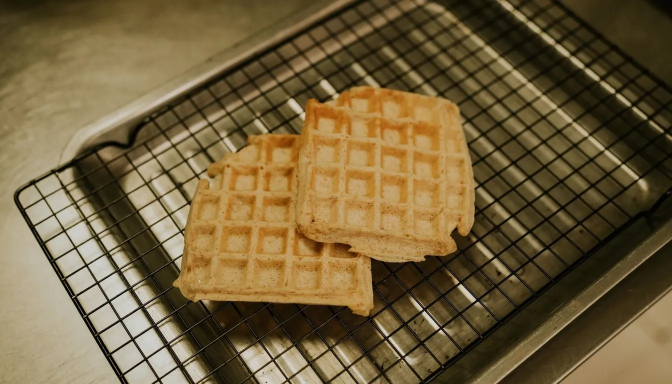 Fresh waffles cooling on a wire rack