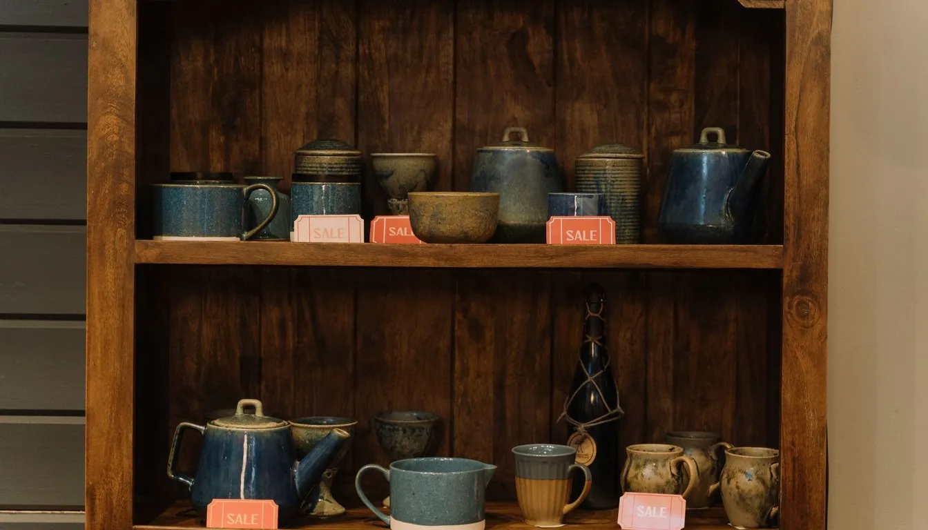 Shelf of handmade teapots and mugs