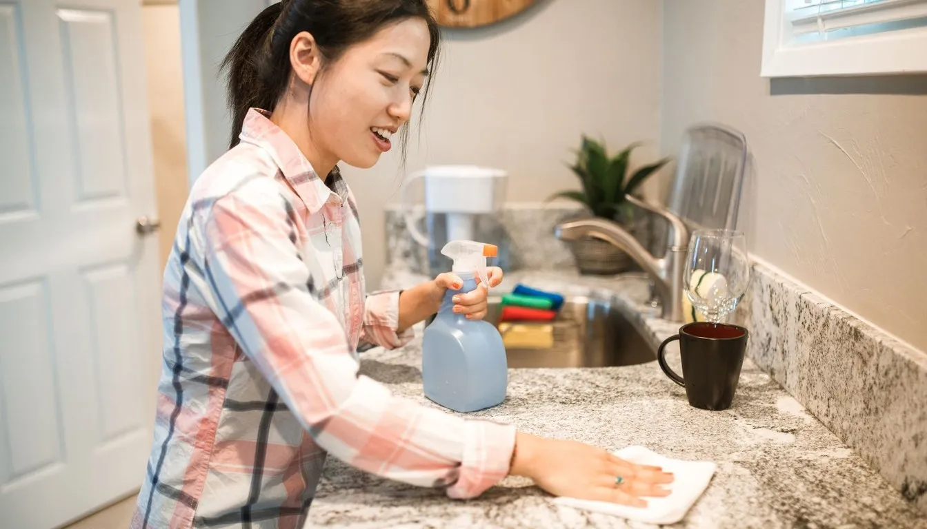 A woman wiping a speckled granite countertop with a cloth beside a spray bottle