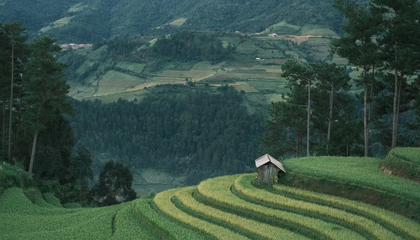 Terraced green hillside farmland