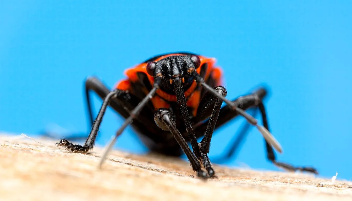 Red and black true bug facing the camera