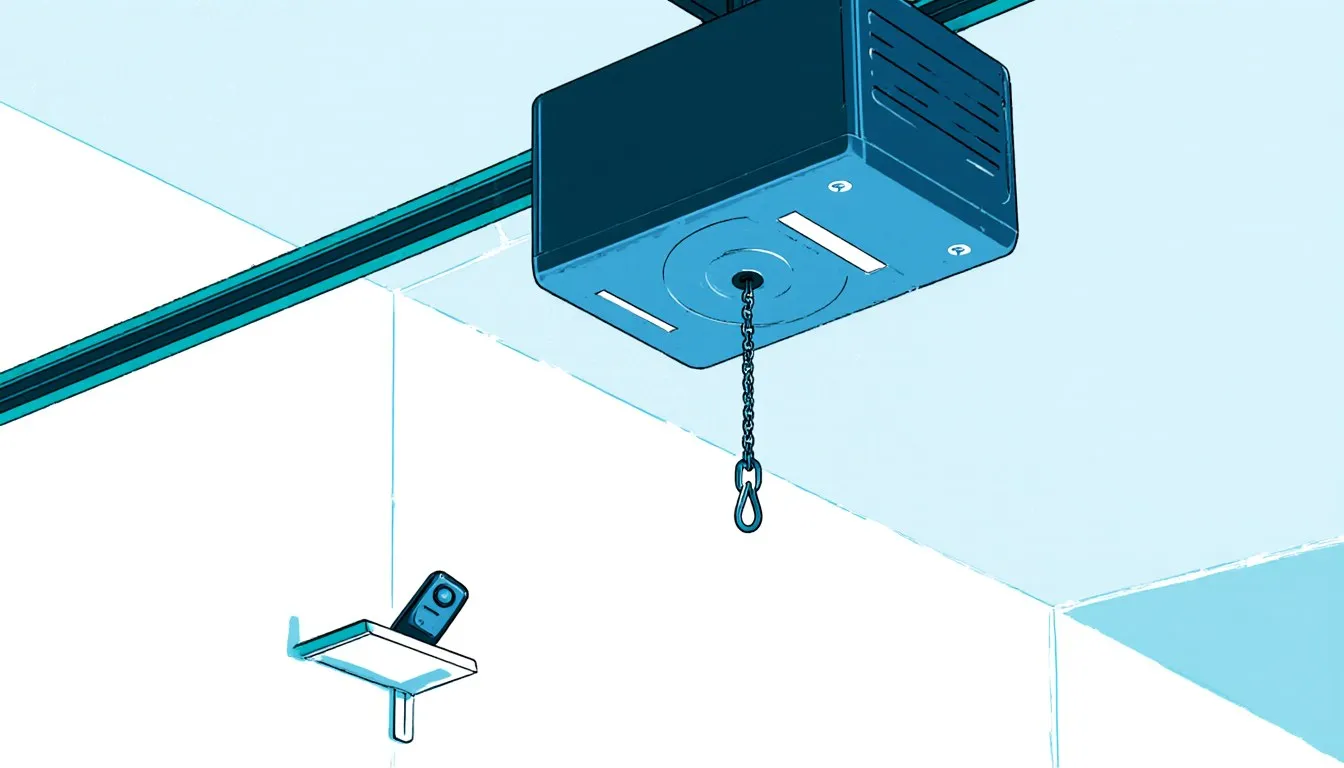 Garage door opener motor on the ceiling with its remote below