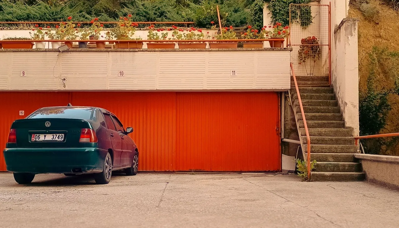 Car parked in front of an orange garage door