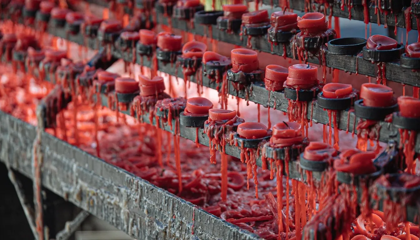 Red wax dripping down candle-making racks