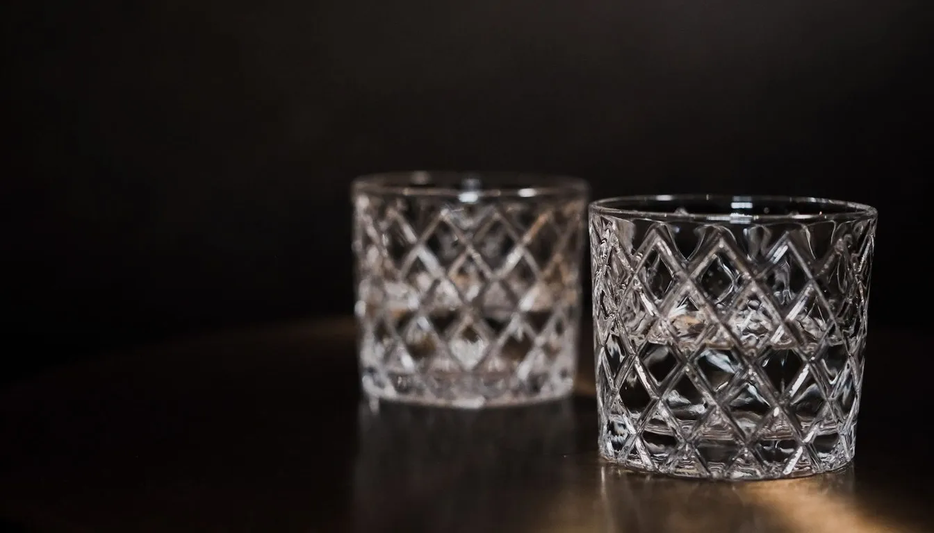 Two cut-crystal glasses with etched diamond patterns on a dark table