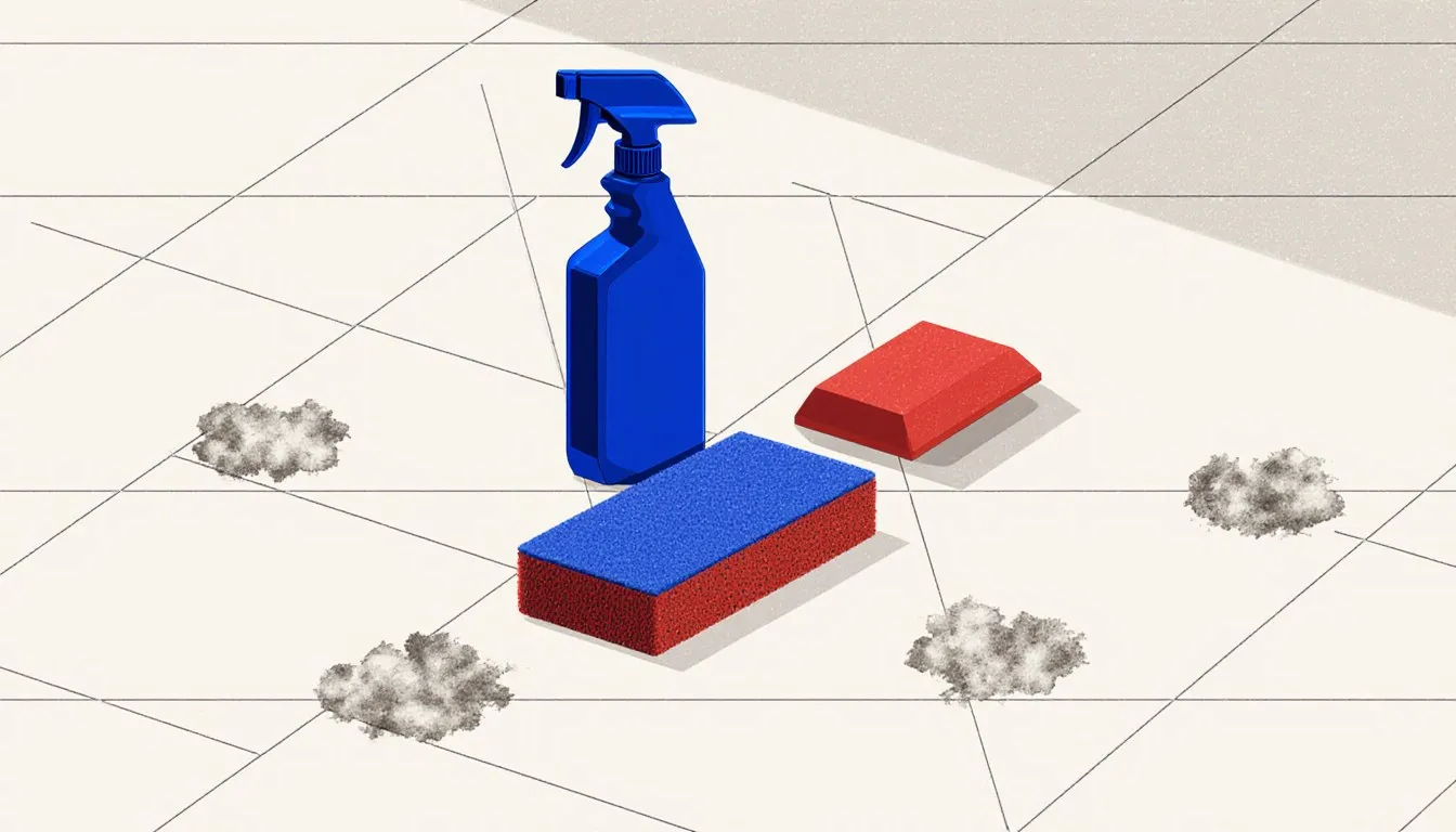 Spray bottle and scrub pads on tile with hazy sealer residue