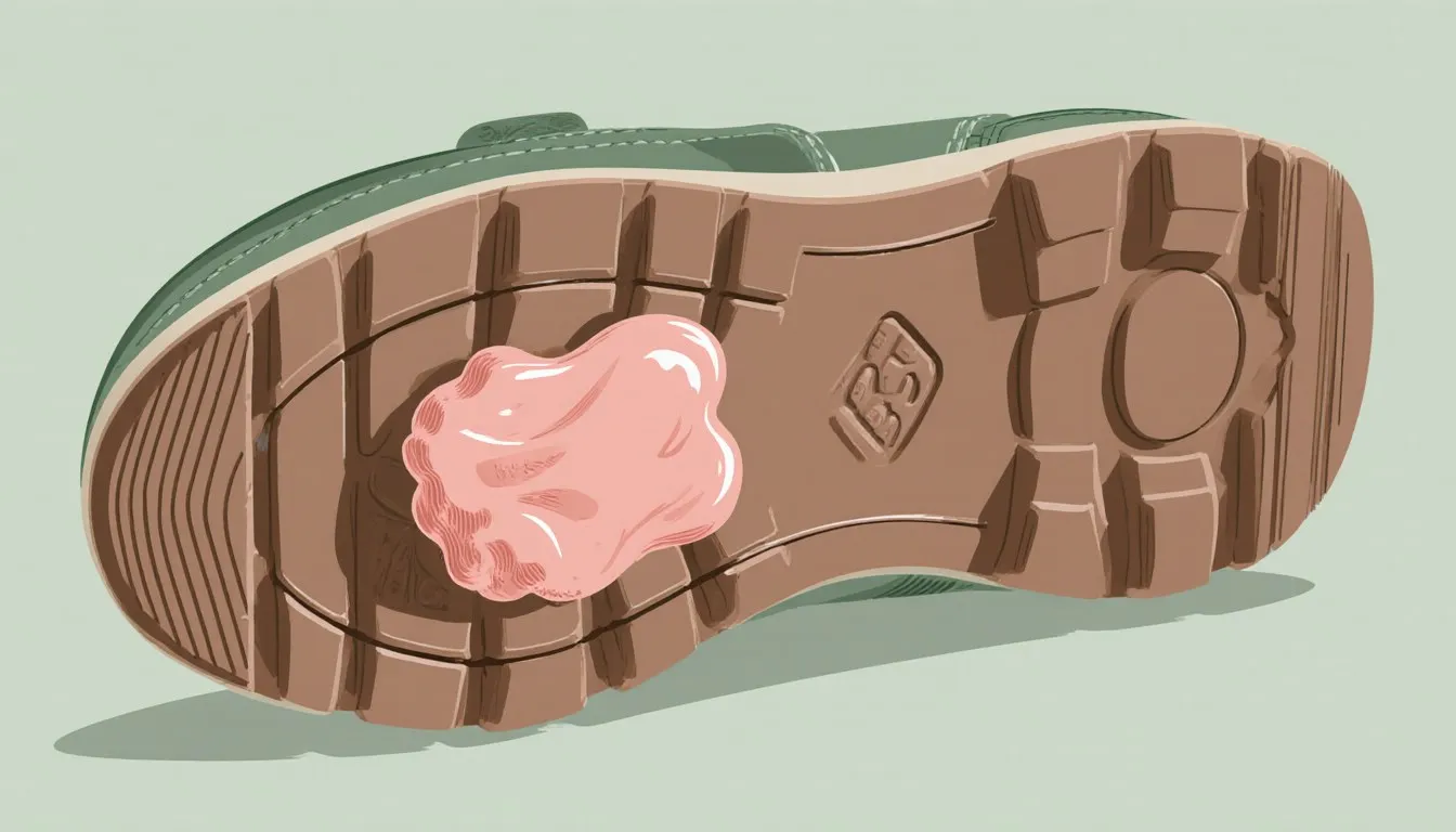 Chewed gum stuck to the tread of a shoe