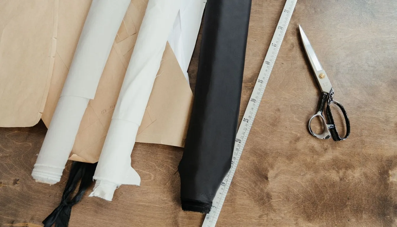 Fabric rolls, scissors, and sewing supplies on a wooden table