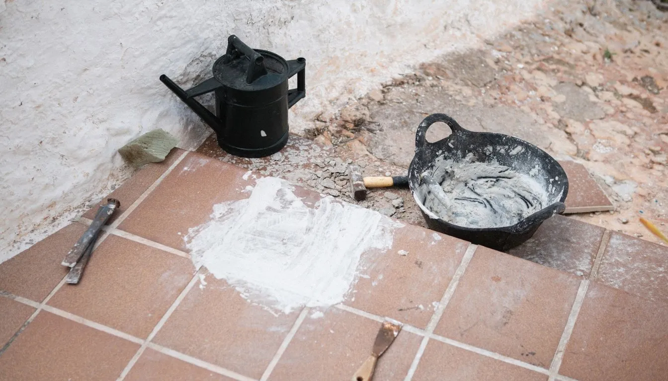 Old tile floor mid-renovation with tools and mortar