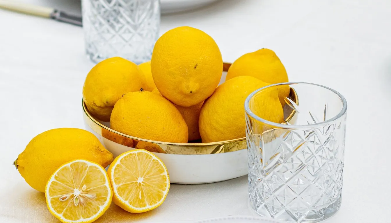 Bowl of fresh lemons beside cut-glass tumblers