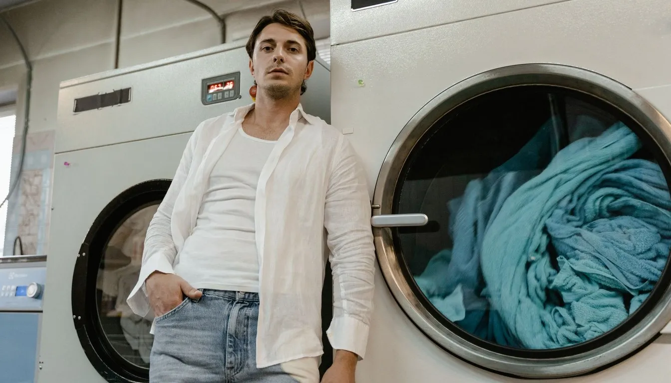 Man standing beside an open front-loading washing machine at a laundromat