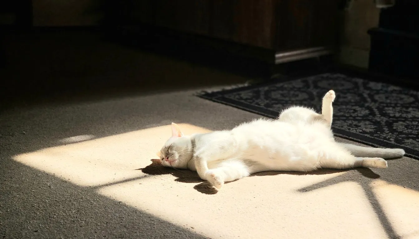 White cat rolling on a rug in sunlight