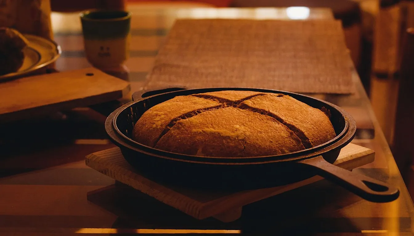 Round loaf baked in a cast iron skillet