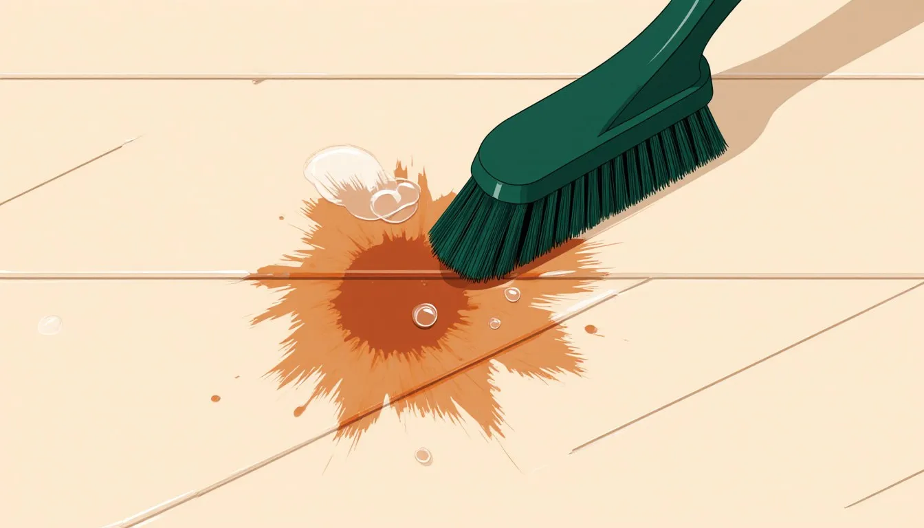 Stiff brush scrubbing a rust stain on vinyl flooring