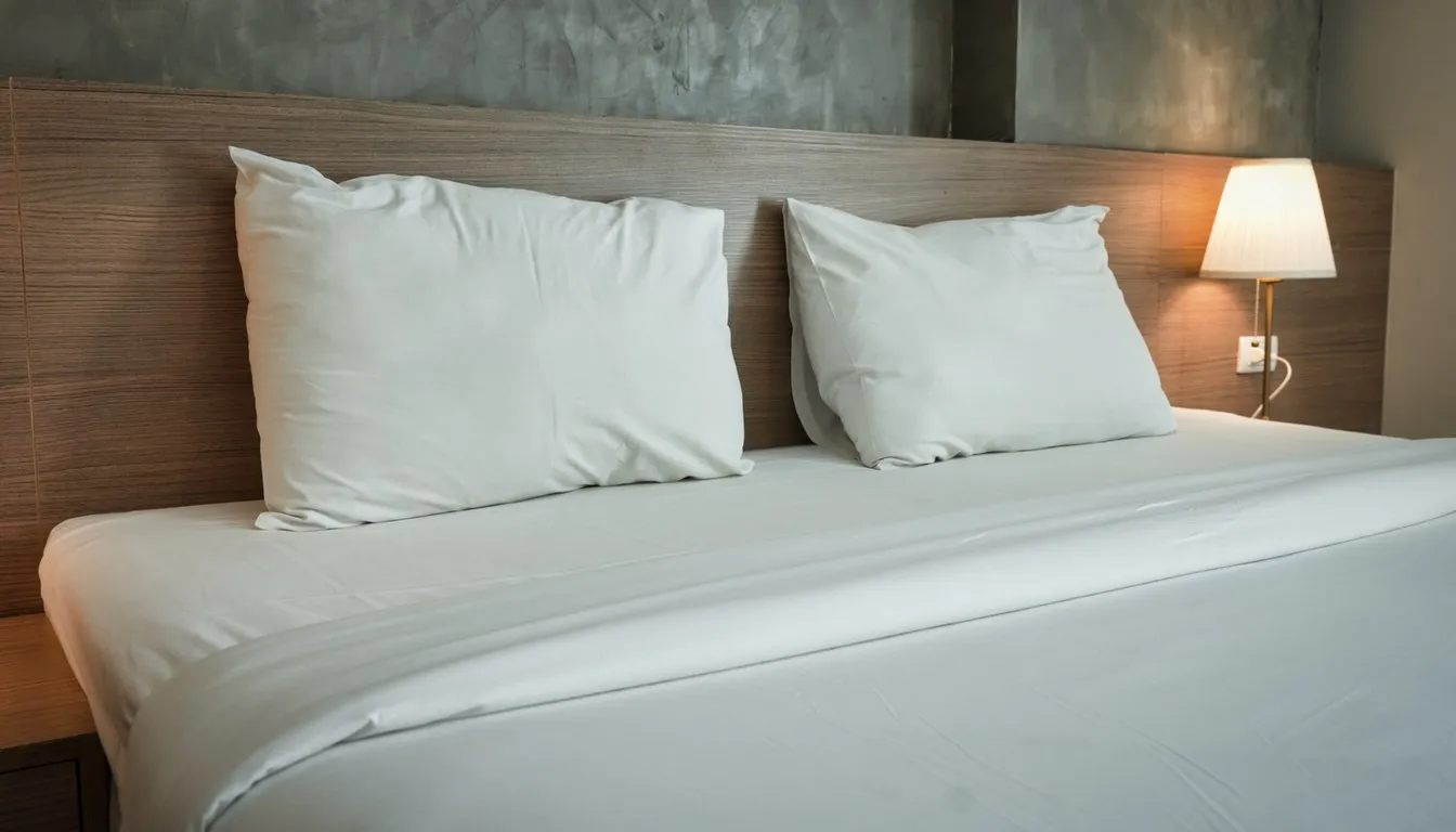 Neatly made bed with white hypoallergenic bedding