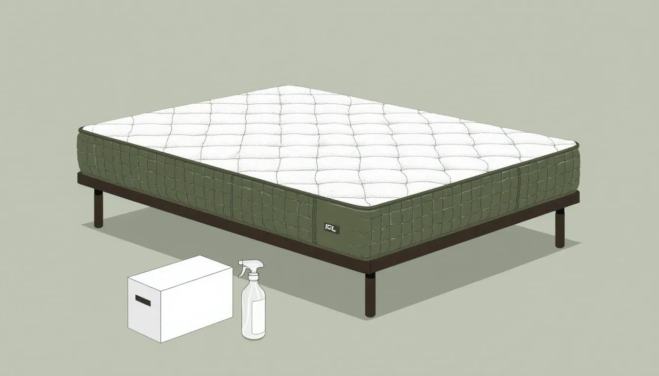 Bare mattress with a plain box and a spray bottle beside the bed frame