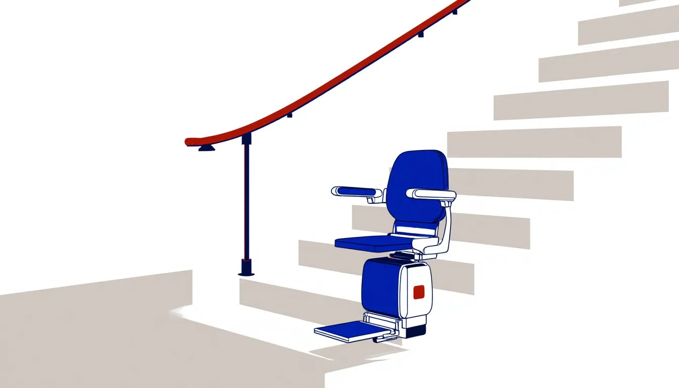 Stair lift chair parked at the foot of a staircase