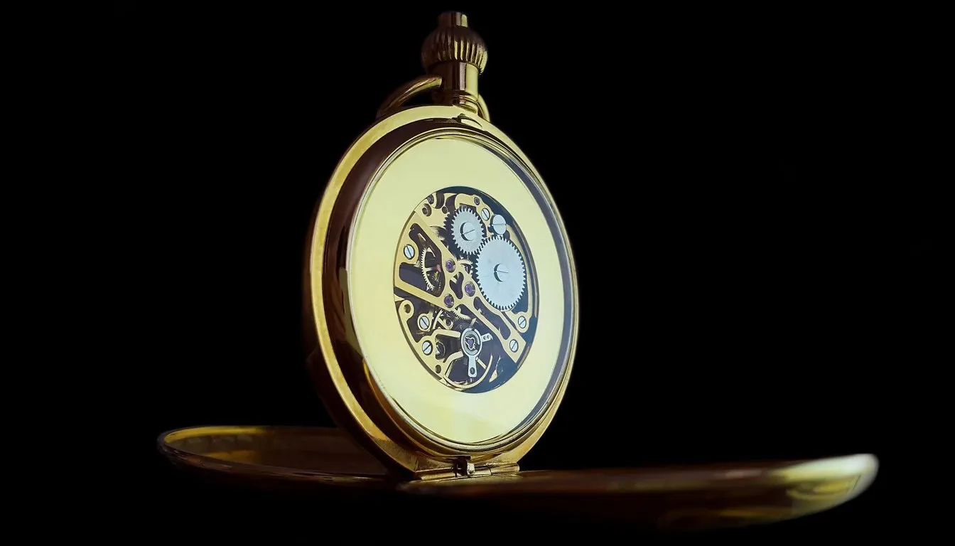 Gold pocket watch with an exposed skeleton movement