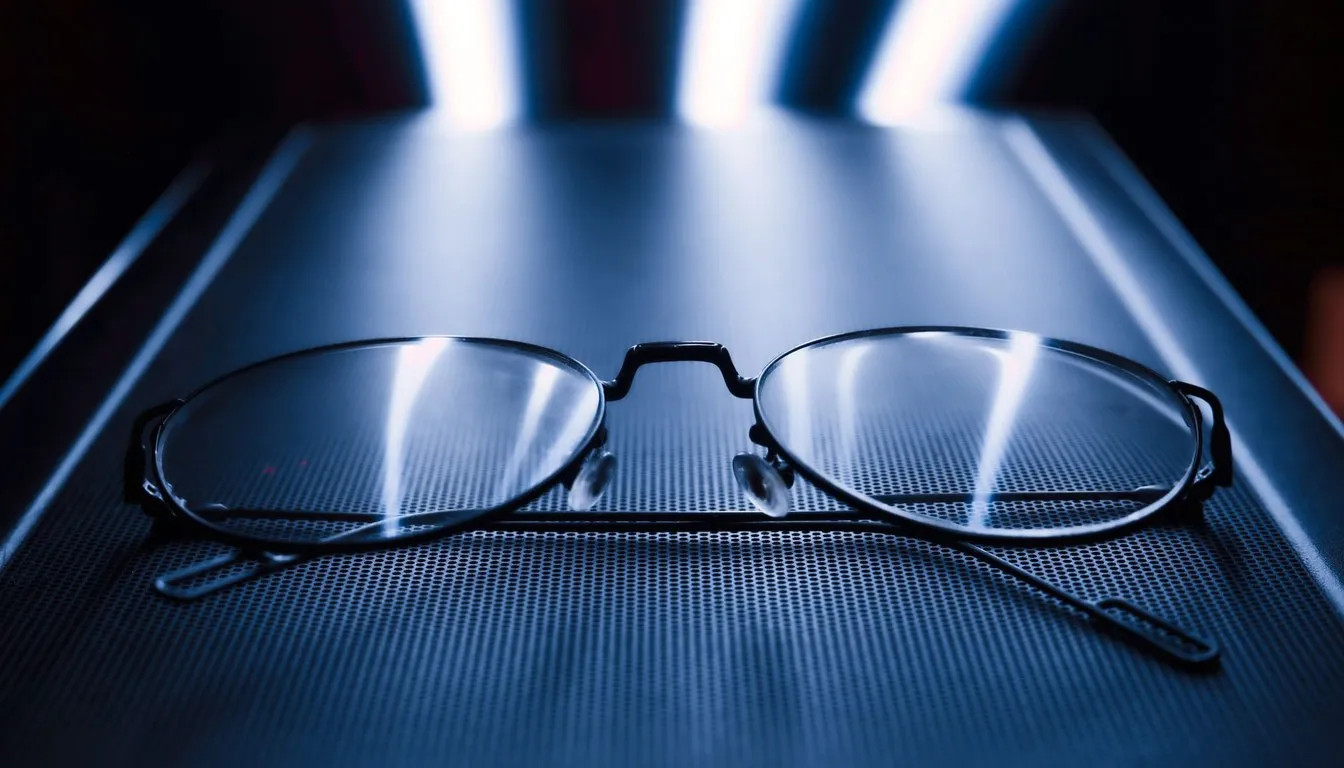 Eyeglasses lying on a dark ribbed surface under streaks of light