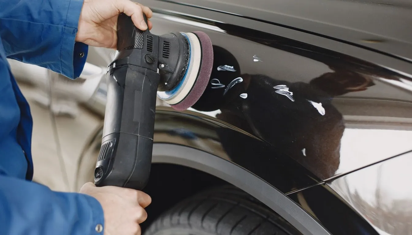 Technician polishing a car with a rotary buffer