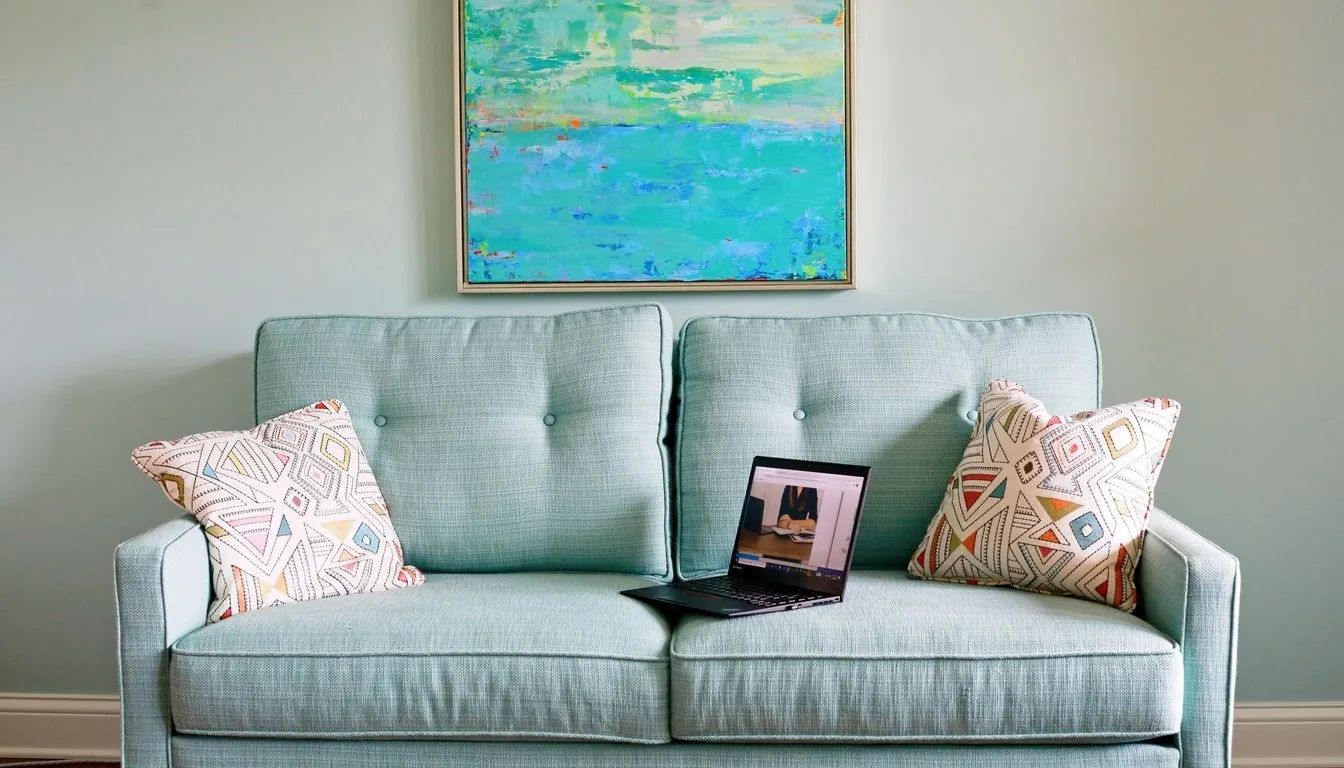 A teal upholstered loveseat with patterned pillows beneath a painting
