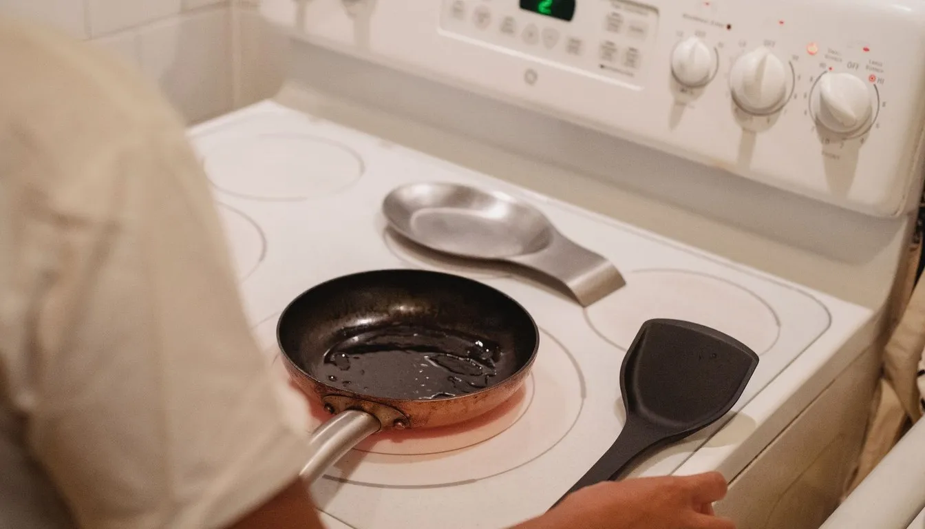 Small frying pan heating on an electric coil stove