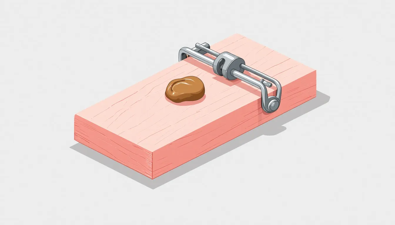 A wooden snap trap baited with a dab of peanut butter