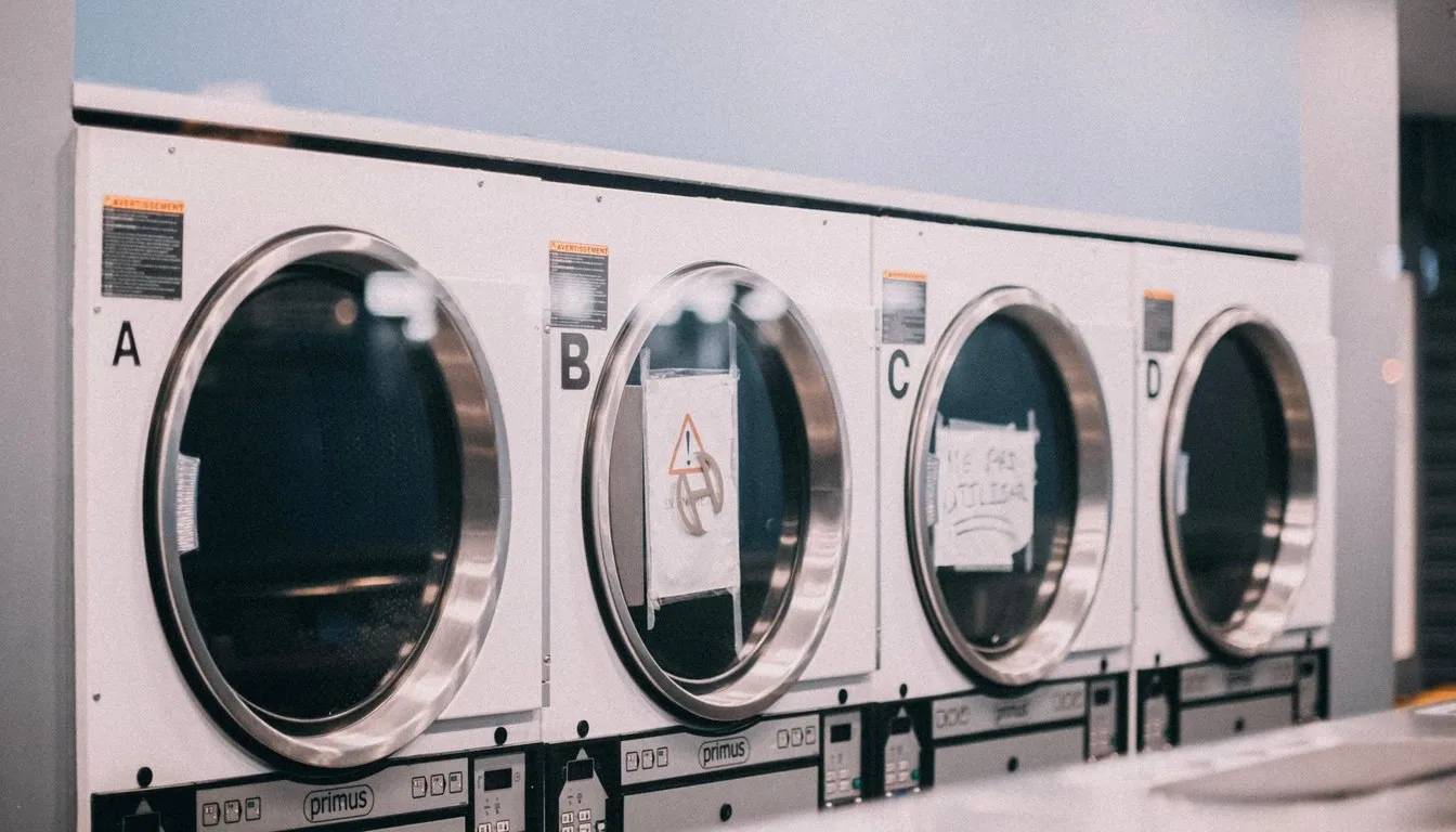 Row of commercial dryers in a laundromat