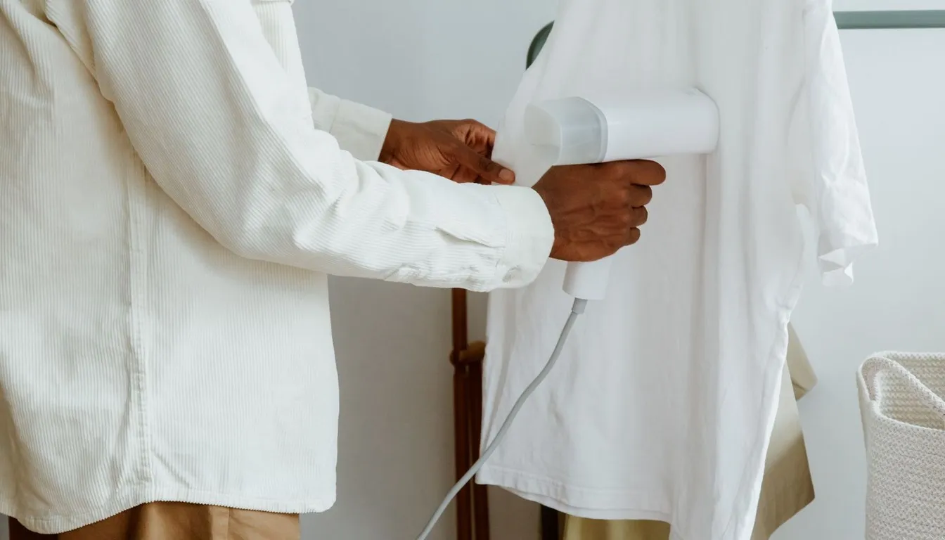 Hands steaming a white shirt on a hanger with a handheld garment steamer