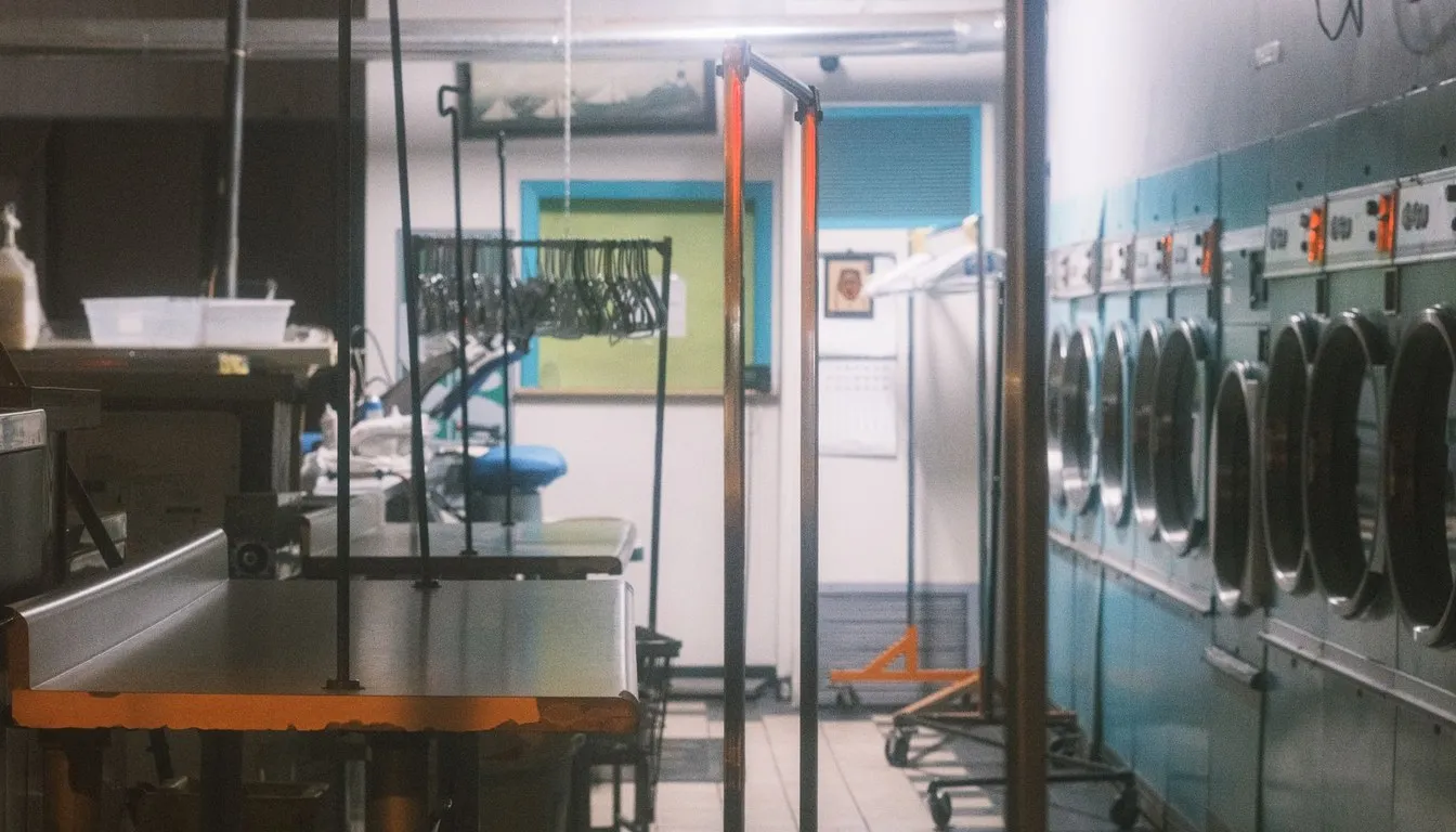 Rows of washers and dryers inside a laundromat