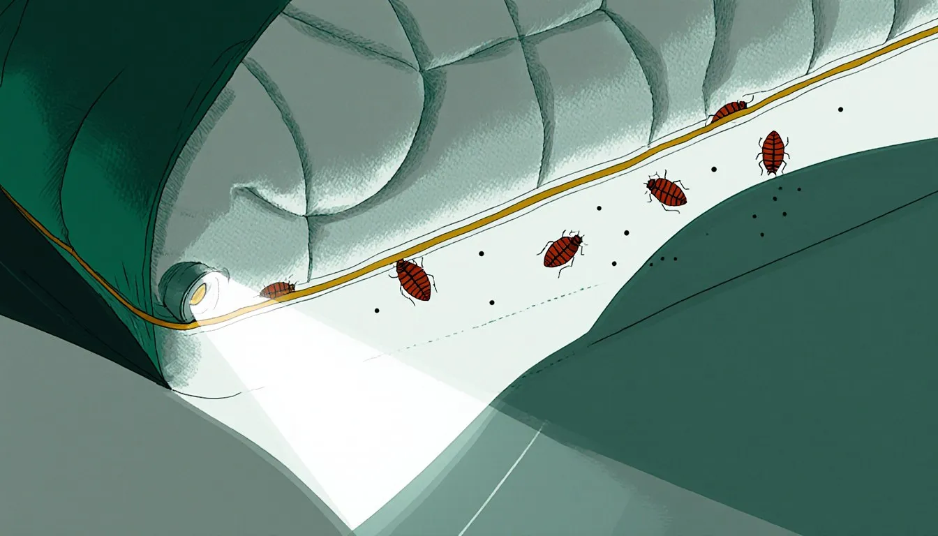 A flashlight beam revealing bed bugs along an upholstered seam
