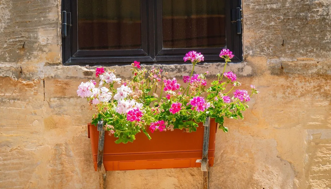 A wall-mounted planter box of pink geraniums below a window