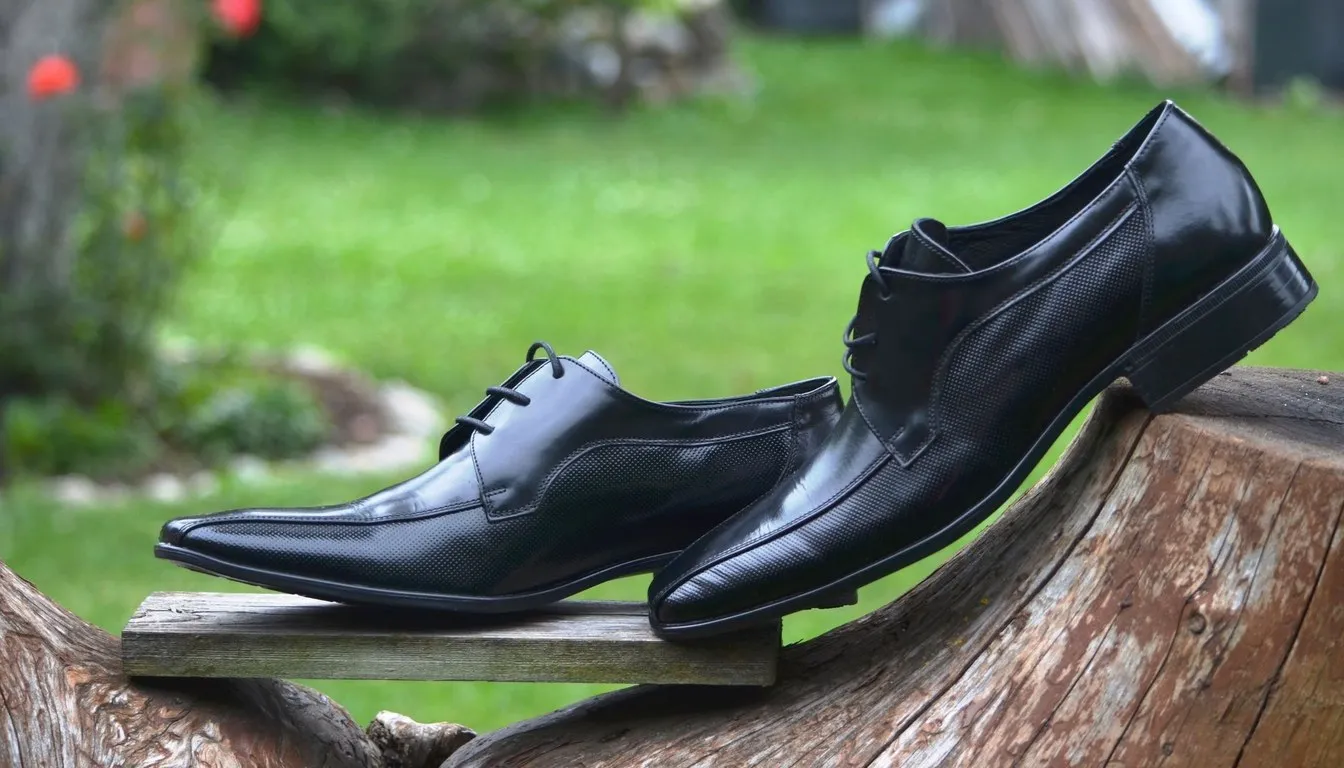 Black leather dress shoes resting on a log outdoors