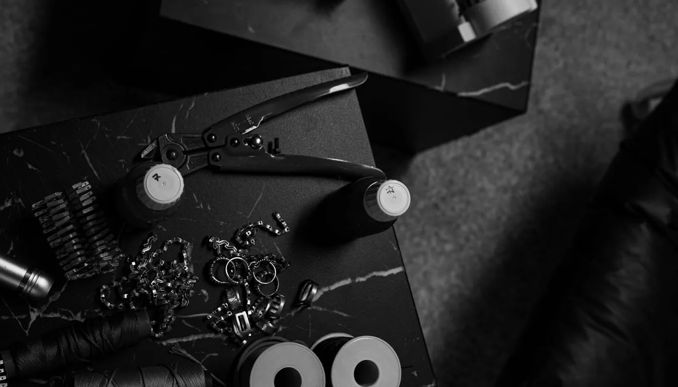 Watch repair tools and parts in black and white