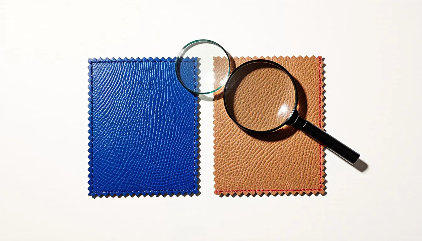 Two leather swatches side by side under a magnifying glass