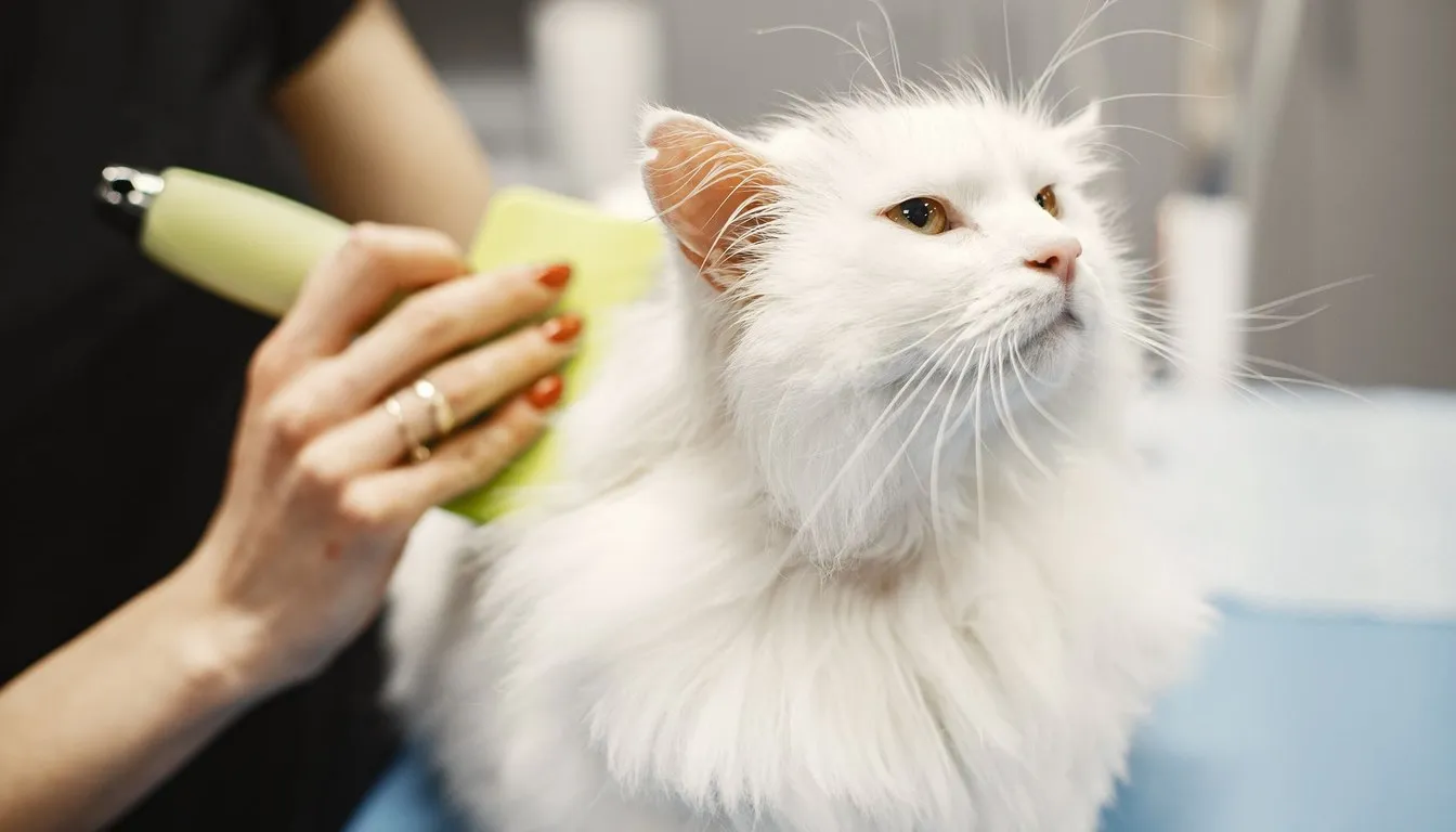 Brushing a white long-haired cat