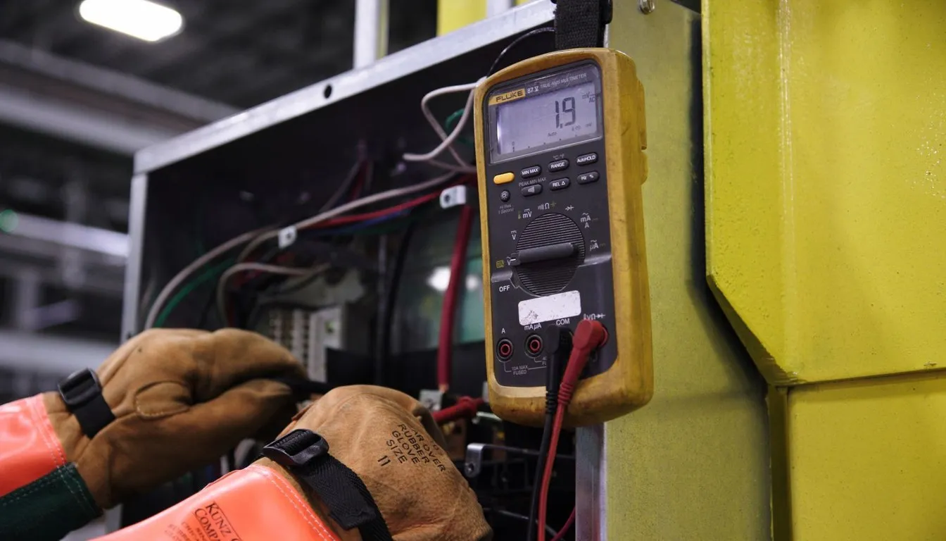 Gloved technician testing an appliance with a multimeter