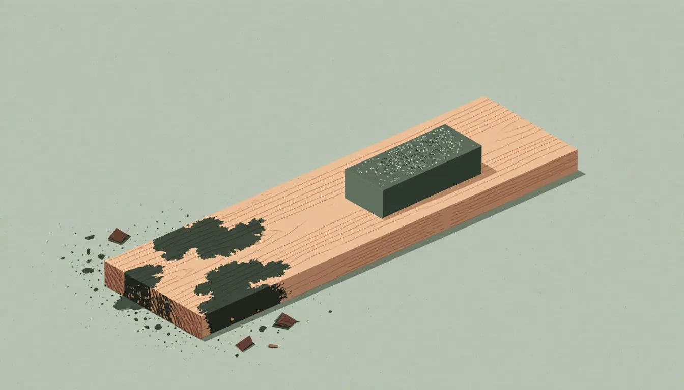 Sanding block on a mold-stained wood board